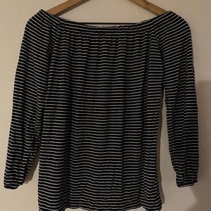 navy and white striped off the shoulder top